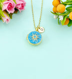 Gold Sun Enamel Locket Pendant Necklace, Keepsake Photo Frame Jewelry, N6587