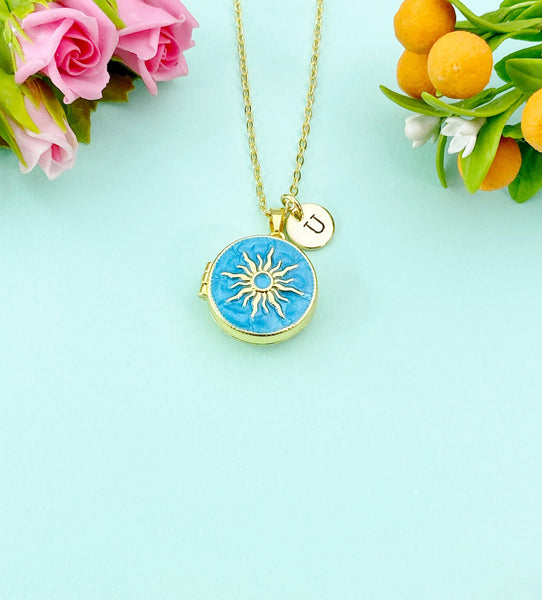 Gold Sun Enamel Locket Pendant Necklace, Keepsake Photo Frame Jewelry, N6587