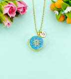 Gold Sun Enamel Locket Pendant Necklace, Keepsake Photo Frame Jewelry, N6587