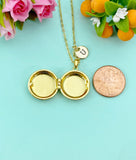Gold Sun Enamel Locket Pendant Necklace, Keepsake Photo Frame Jewelry, N6587