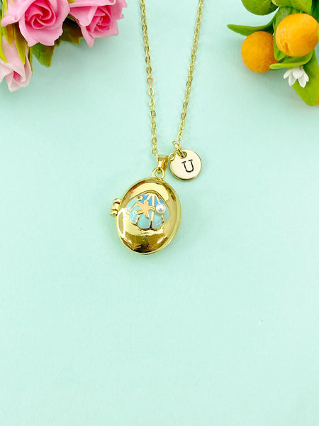 Gold Shell Pearl Enamel Locket Oval Pendant Necklace, Keepsake Photo Frame Jewelry, N6588