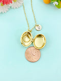 Gold Shell Pearl Enamel Locket Oval Pendant Necklace, Keepsake Photo Frame Jewelry, N6588
