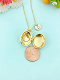 Gold Shell Pearl Enamel Locket Oval Pendant Necklace, Keepsake Photo Frame Jewelry, N6588
