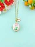 Gold Flower Pink Tulip Enamel Locket Oval Pendant Necklace, Keepsake Photo Frame Jewelry, N6589