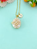 Gold Flower Clear Cubic Zirconia Enamel Locket Oval Pendant Necklace, Keepsake Photo Frame Jewelry, N6590