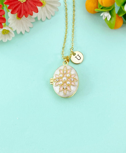 Gold Flower Clear Cubic Zirconia Enamel Locket Oval Pendant Necklace, Keepsake Photo Frame Jewelry, N6590