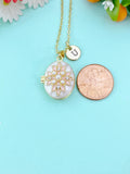 Gold Flower Clear Cubic Zirconia Enamel Locket Oval Pendant Necklace, Keepsake Photo Frame Jewelry, N6590