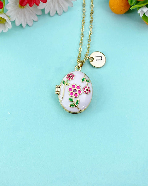Gold Hot Pink Flower Enamel Locket Oval Pendant Necklace, Keepsake Photo Frame Jewelry, N6591