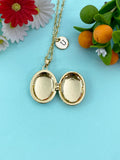 Gold Hot Pink Flower Enamel Locket Oval Pendant Necklace, Keepsake Photo Frame Jewelry, N6591
