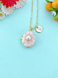 Gold White Pearl Pink Enamel Locket Oval Pendant Necklace, Keepsake Photo Frame Jewelry, N6592