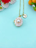 Gold White Pearl Pink Enamel Locket Oval Pendant Necklace, Keepsake Photo Frame Jewelry, N6592