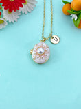 Gold White Pearl Pink Enamel Locket Oval Pendant Necklace, Keepsake Photo Frame Jewelry, N6592