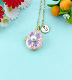 Gold White Pearl Pink Violet Enamel Locket Oval Pendant Necklace, Keepsake Photo Frame Jewelry, N6593