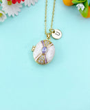 Gold Micro Pave Cubic Zirconia Enamel Locket Oval Pendant Necklace, Keepsake Photo Frame Jewelry, N6594