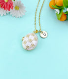 Gold Flower Enamel Locket Oval Pendant Necklace, Keepsake Photo Frame Jewelry, N6596