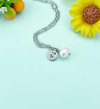Freshwater Pearl Necklace, Initial Charm, Stainless Steel Cable Chain