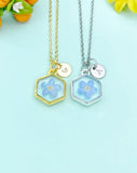 Forget Me Not Hexagon Charm Necklace, Real Forget Me Not Dried Press Flower Jewelry Gift, N6601