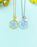 Forget Me Not Necklace, Pressed Flower Hexagon Charm, Initial Necklace