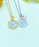 Forget Me Not Necklace, Pressed Flower Hexagon Charm, Initial Necklace