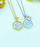 Forget Me Not Necklace, Pressed Flower Hexagon Charm, Initial Necklace