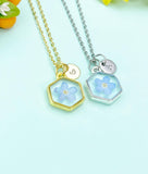 Forget Me Not Hexagon Charm Necklace, Real Forget Me Not Dried Press Flower Jewelry Gift, N6601
