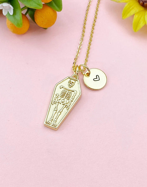 Gold Coffin Skeleton Charm Necklace – Gothic Jewelry for Halloween & Horror Fans, N3881