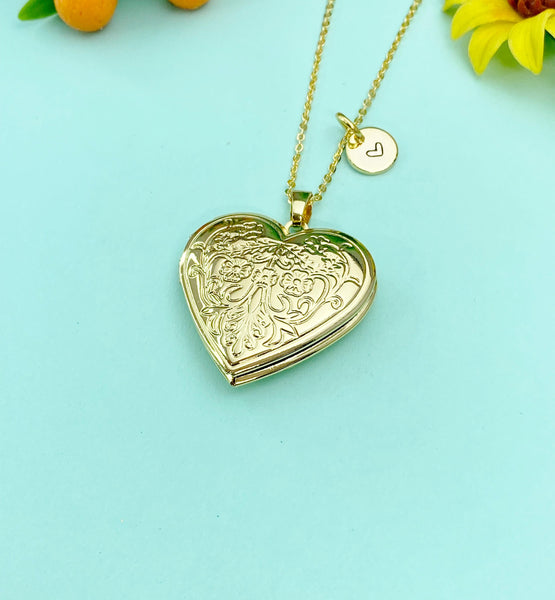 Gold Heart Locket Necklace, Love Keepsake Photo Frame Jewelry, N4047