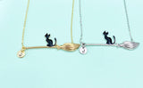 Black Cat Sit on Witches Broom Charm Necklace, Halloween Jewelry, N5997M