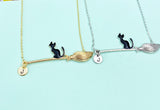 Black Cat Sit on Witches Broom Charm Necklace, Halloween Jewelry, N5997M