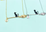Black Cat Sit on Witches Broom Charm Necklace, Halloween Jewelry, N5997M