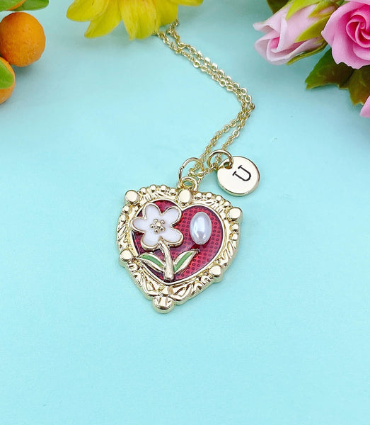 Red Heart Flower Pearl Charm Necklace, N6505R