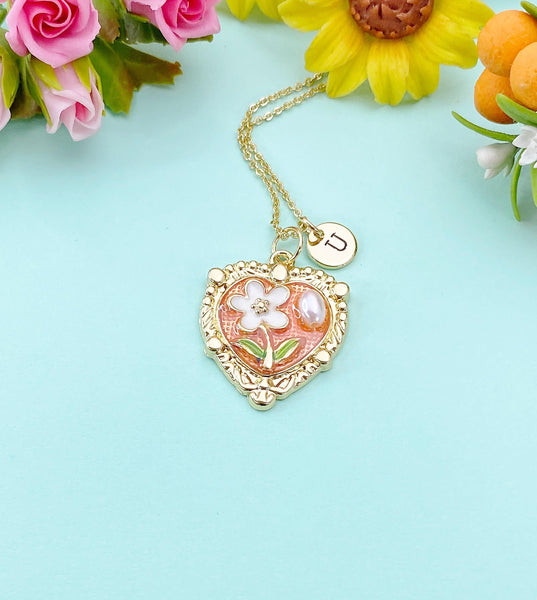 Pink Heart Flower Pearl Charm Necklace, N6505P