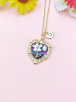 Violet Heart Flower Pearl Charm Necklace, N6505V