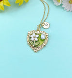 Green Heart Flower Pearl Charm Necklace, N6505G