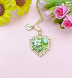 Green Heart Flower Pearl Charm Necklace, N6505G