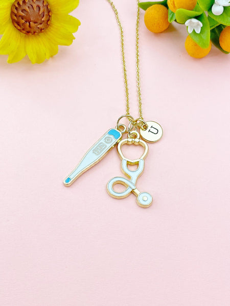 Thermometer Stethoscope Charm Necklace – Medical Jewelry Gift for Nurses, Doctors, EMTs & Healthcare Workers, N6509
