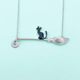 Black Cat on Witches Broom Charm Necklace – Halloween Jewelry Gift for Witch Lovers, Cat Fans & Magical Souls, N5997S