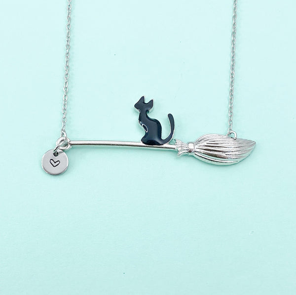 Black Cat on Witches Broom Charm Necklace – Halloween Jewelry Gift for Witch Lovers, Cat Fans & Magical Souls, N5997S