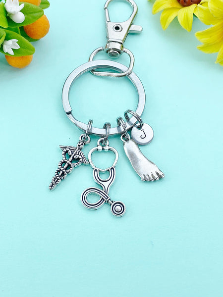 Caduceus Stethoscope Foot Keychain, Foot Ankle Specialist, Medical Symbol Jewelry for Podiatrists Doctor Nurse, N6405K