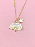 Folding Hand Fan Charm Gold Necklace, White Fan Jewelry, N6558