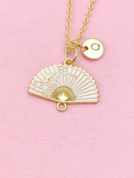 Folding Hand Fan Charm Gold Necklace, Pink Fan Jewelry, N6559