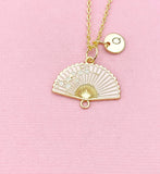Folding Hand Fan Charm Gold Necklace, Pink Fan Jewelry, N6559