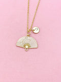 Folding Hand Fan Charm Gold Necklace, Pink Fan Jewelry, N6559