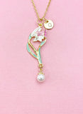 Lily Flower Shell Pearl Charm Gold Necklace, Pink Lilium Lilies Floral Jewelry, N6560