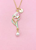 Lily Flower Shell Pearl Charm Gold Necklace, Pink Lilium Lilies Floral Jewelry, N6560
