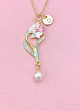Lily Flower Shell Pearl Charm Gold Necklace, Pink Lilium Lilies Floral Jewelry, N6560