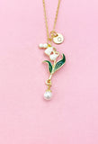 Lily of Vally Flower Shell Pearl Charm Gold Necklace, Lilium Lilies Floral Jewelry, N6561