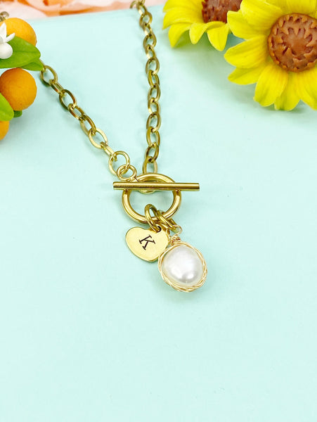 Baroque Keshi Pearl Wire Wrap Toggle Necklace, Stainless Steel Jewelry, Gold or Silver Option, N6564