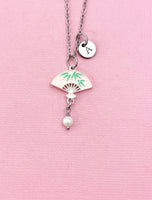 Folding Chinese Fan Shell Pearl Charm Necklace, Pink, N6566