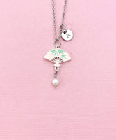 Folding Chinese Fan Shell Pearl Charm Necklace, Pink, N6566